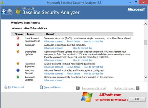 Screenshot Microsoft Baseline Security Analyzer para Windows 7